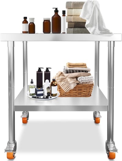 ACXIN RVS Werktafel Met Wielen Met Rem - 201 RVS + MDF - Verstelbare Poten - 300kg - 85x76x60cm