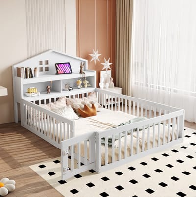 MEUNIQ Kinderbed 140 x 200 cm huisbed met opbergvakken, beschermhek, deur en lattenbodem, lage bedombouw voor kinderkamer, wit