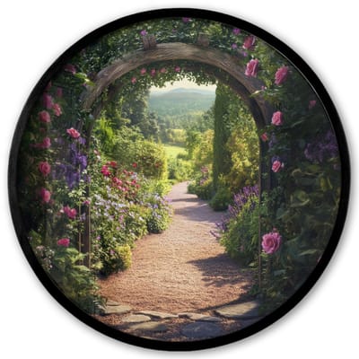 Poster in lijst Rond - Fotolijst 40x40 cm - Posters - Doorkijk - Bloemen - Natuur - Rozenboog - Ronde posterlijst zwart - Decoratie - Wanddecoratie woonkamer - Muurdecoratie slaapkamer