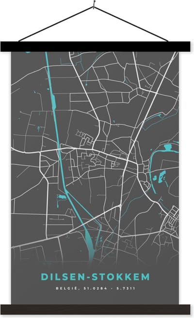 Posterhanger incl. Poster 40x60 cm - Schoolplaat - Stadskaart – Grijs - Kaart – Dilsen Stokkem – België – Plattegrond - Textielposter - Zwarte latten - Stadskaart