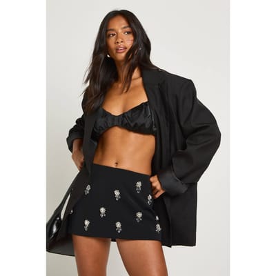 boohoo Dames Petite Diamante crepe mini-rok met trimdetails | Black | Maat: 10