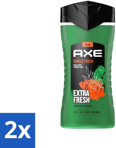 2 x Axe - 3-in-1 Douchegel - Jungle Fresh - Palm Leaves & Amber - Extra Fresh - 250 ml - Douchegel - 3-in-1 - Axe Jungle Fresh - Palmbladeren - Amber