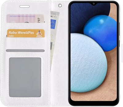 Hoesje - Met Pasjeshouder - Geschikt voor Samsung Galaxy A02s - Luxe Bookcase Portemonee - Flip Case - Kunstleer Book Case - Flipcase - Book Cover - Walletcase - Portemonneehoes - Wit