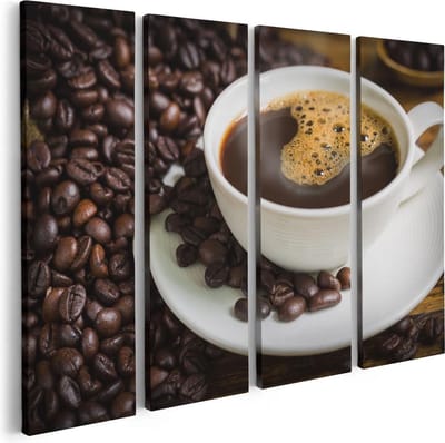Artaza Canvas Schilderij Vierluik Kopje Koffie Met Koffiebonen - 80x60 - Foto Op Canvas - Canvas Print