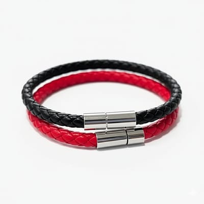 Set van 2 heren armbanden – rood en zwart gevlochten leer met zilverkleurige magnetische sluiting
