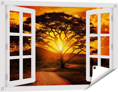 Gards Tuinposter Doorkijk Zonsondergang Achter een Savanne Boom - 90x60 cm - Tuindoek - Tuindecoratie - Wanddecoratie buiten - Tuinschilderij