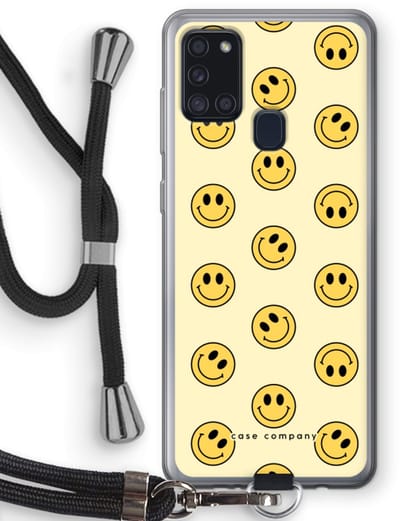 Case Company® - Hoesje met koord geschikt voor Samsung Galaxy A21s hoesje met Koord - Smiley N°2 - Telefoonhoesje met Zwart Koord - Bescherming aan alle Kanten en Over de Schermrand
