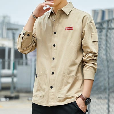 Lente Heren Japans Trendy Merk Werkkleding Lange Mouw Gewassen Katoenen Overhemden voor Tieners, Studenten en Oudere Kinderen Herenkleding 3XL beige