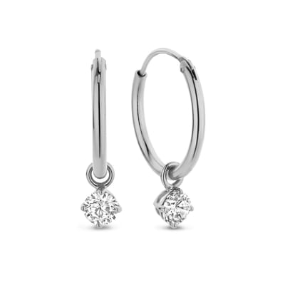 New Bling 9NB-1197 Zilveren Oorringen met Zirkonia hangertje 3mm - Wit - 15 mm - Rhodium - Zilver
