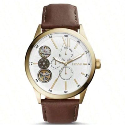 Montre Fossil pour Homme à Quartz, Bracelet en Cuir, 3 Aiguilles, Boîtier en Acier Inoxydable/Verre Cristal Résistant aux Rayures BQ2218 marron
