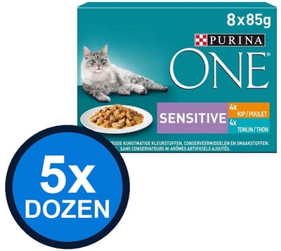 5x Purina One - Sensitive Adult Kip, Tonijn & Wortels in Saus (8x85g) - Kattenvoer Natvoer - 680 g