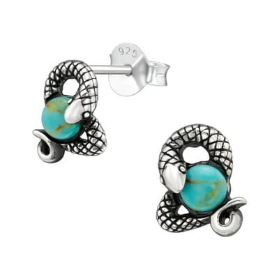 Joy|S - Zilveren slang oorbellen - 7 x 8 mm - turquoise blauw - geoxideerd - oorknoppen