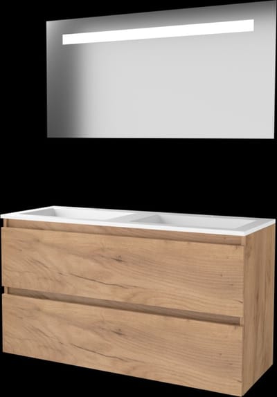Basic-Line Economic 46 Badkamermeubelset - 120 x 46 cm - Greeploos - 2 Lades - Acryl Wastafel - 2 Kraangaten - Spiegel met LED Verlichting - Whisky Oak