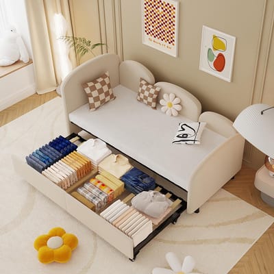 KOMHTOM Kinderbed met fluwelen lades 90x200 cm voor woonkamer kinderkamer slaapkamer beige