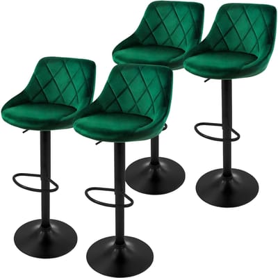 Set van 4 barkrukken groen fluwelen bekleding met rugleuning en voetensteun in hoogte verstelbaar 62-82cm ML-Design