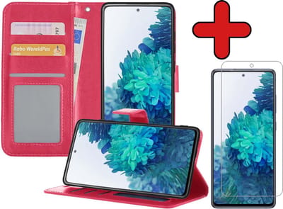 Hoesje - Met Screenprotector - Geschikt voor Samsung Galaxy S20 FE - Luxe Pasjeshouder - Flipcase - Bookcase Portemonee - Flip Case - Kunstleer Book Case - Book Cover - Walletcase - Portemonneehoes - Telefoonhoes - Donkerroze