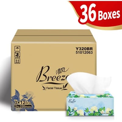 BREEZE Blossom Box gezichtstissues, maat L, 2-laags, 200 vellen x 36 dozen (3x12), totaal 7200 vellen, zacht en huidvriendelijk, groot formaat,