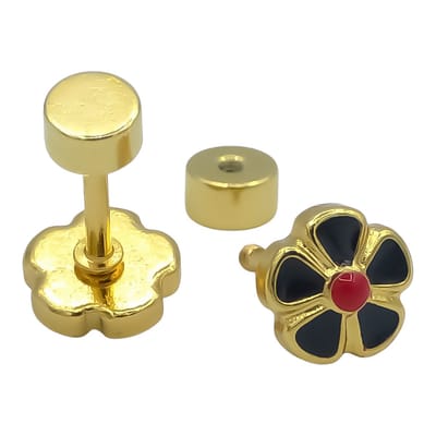 Kinderoorbellen Zwarte Bloem & Schroefsluiting - Verguld Staal - 5mm