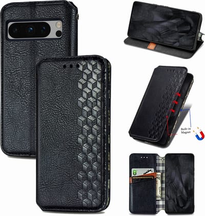 Luxe PU Lederen Ruitpatroon Wallet Case + Glas Screenprotector voor Pixel 8 Pro _ Zwart