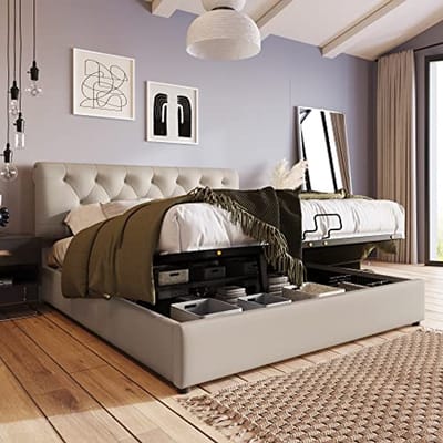Tweedehands tweepersoonsbed met verstelbaar hoofdeinde en bedlade – Naturel gestoffeerd (140 x 200 cm)