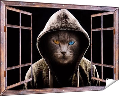 Gards Tuinposter Doorkijk Boze Kat Draagt een Hoodie - 180x120 cm - Tuindoek - Tuindecoratie - Wanddecoratie buiten - Tuinschilderij