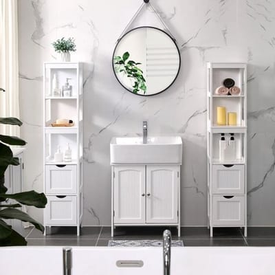 VASAGLE Hoge kast voor badkamer, opbergmeubel op poten, smalle zuil, met 2 laden en 3 open vakken, 30 x 30 x 141,5 cm, voor badkamer, woonkamer, keuken, wit