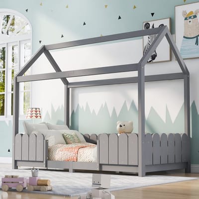 Huisbed kinderbed met dak en valbeveiliging - Voor kinderkamer 90x200 cm - Grijs - Inclusief lattenbodem - 120 kg draagvermogen - Eenvoudig te monteren