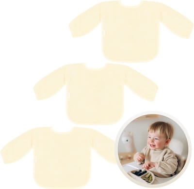Funnies Slab met Mouwen 3-Pack Beige - Set van 3 Zachte Slabbetjes voor Baby’s - 100% Katoenen Badstof - Makkelijk Wasbaar in de Wasmachine - Slabbetjes, Kwijlslab, Eet- en Speelslab - Ideaal voor Eten, Knutselen en Spelen