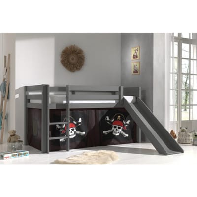 LUCEVI - Pino Halfhoogslaper H115CM + Ladder + Glijbaan + Caribian Pirates Gordijntjes - Grijs - 90x200 cm