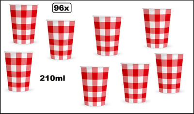 96x Beker boerenbont rood/wit 210ml karton - Drinken Oktoberfest geruit rood/wit BBQ thema feest verjaardag feest