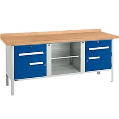 Box-type werkbank Schäfer Shop Select PW 200-0 - beuken multiplex blad - tot 750 kg - B 2000 x D 700 x H 840 mm - gentiaanblauw