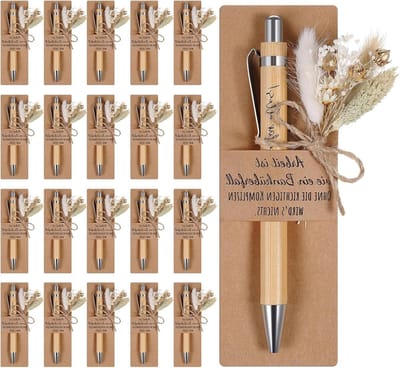 Cadeauset met Houten Balpen en Gravering, Boeket Echte Gedroogde Bloemen en Papieren Penhouder voor Afscheidscadeau Leraar, Collega of Vriend (20 Sets)
