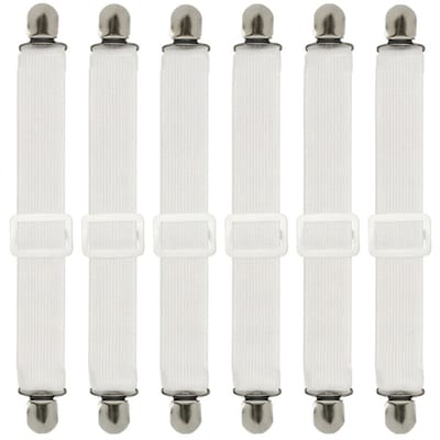 Witte verstelbare lakenbanden met metalen clips – 8 stuks – elastische lakenhouder voor hoeslaken matrashoes tafelkleed en strijkplankhoes