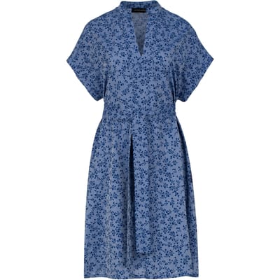 Blauwe jurk met bloemenprint en zijsplitten