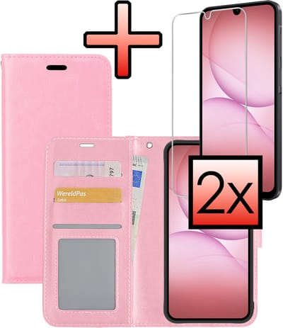 Hoesje - Met 2x Screenprotector - Geschikt voor Samsung Galaxy A17 - Luxe Pasjeshouder - Bookcase Portemonee - Flip Case - Kunstleer Book Case - Flipcase Hoes - Book Cover - Walletcase - Portemonneehoes - Lichtroze