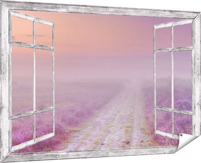 Gards Tuinposter Doorkijk Pad in de Weide tijdens de Mist - 180x120 cm - Tuindoek - Tuindecoratie - Wanddecoratie buiten - Tuinschilderij
