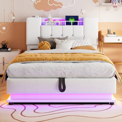 Kinderbed - slim bed - 90 x 200 cm - voorzien van ledverlichting-USB-aansluiting en hydraulische opbergruimte - zachte fluwelen bedovertrek - metalen frame - beige