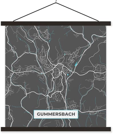 Posterhanger incl. Poster 120x120 cm - Schoolplaat - Duitsland – Blauw – Gummersbach – Stadskaart – Kaart – Plattegrond - Textielposter - Zwarte latten - Stadskaart