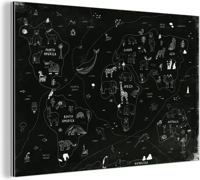 Aluminium schilderij 180x120 cm - Wanddecoratie metaal - Wereldkaart - Kinderen - Zwart - Wit - Metalen muurdecoratie woonkamer - Decoratie industrieel - Foto op dibond - Industriële accessoires slaapkamer