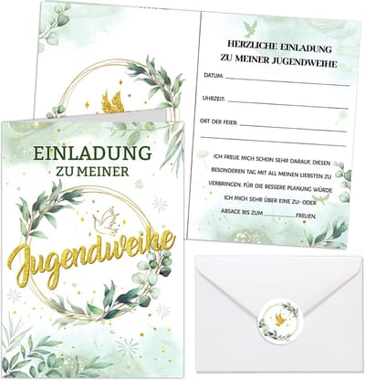 Uitnodigingskaarten Feest - Kaartjes Feest - Jeugdwijding Viering - Elegant Bladmotief - A6 Formaat - Groen Goud