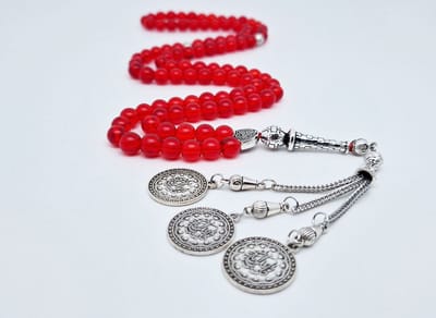 Handgemaakte tesbih "Tasbih" natuursteen "Rode kwarts" - Aantal kralen 99 - Diameter kralen 8MM - met metaal tassel "Masha' Allah-1" - Een mooi cadeau-idee