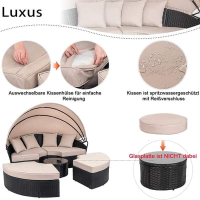 Zonne-eiland 4 Personen met Dak – Luxe XXL Rotan Tuin Loungeset / Tuinschelp met 10 cm Kussens – Outdoor Ligbed Zonnebed Weerbestendig –Zwart – ABTkantoor