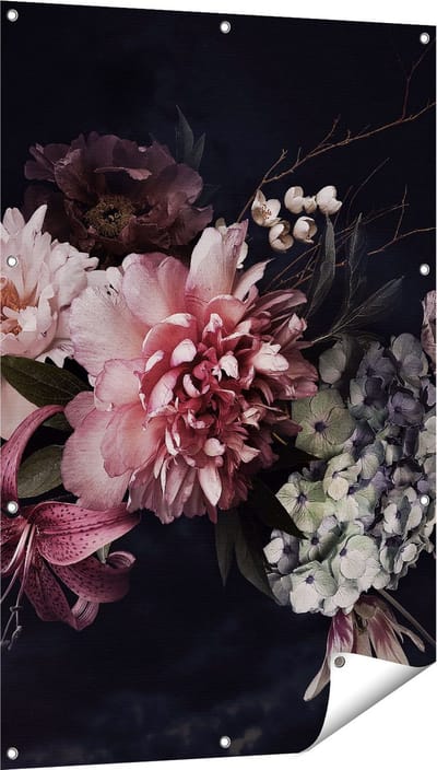 Gards Tuinposter Diverse Bloemen op Zwart Achtergrond - 80x120 cm - Tuindoek - Tuindecoratie - Wanddecoratie buiten - Tuinschilderij