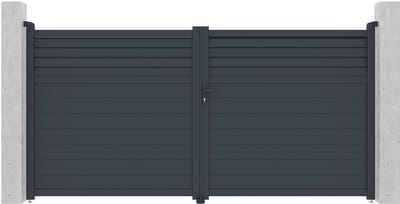 Vente-unique Elektrische vleugelpoort in aluminium met jaloezievorm L355 x H181 cm donkergrijs - VIAZO