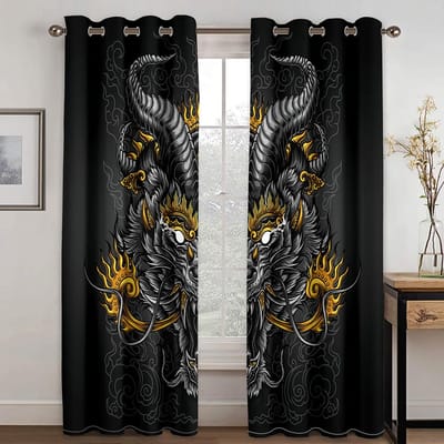 Zwart Goud donkere wind Totem digitale print gordijn woonkamer slaapkamer huisomgeving landschapsarchitectuur polyester vezel gordijnstof W50xH130(CM)x2pcs&Grommet Top