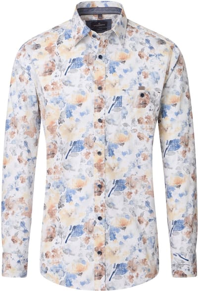 CASA MODA Sport casual fit overhemd - popeline - wit met geel - blauw en bruin bloemen dessin - Strijkvriendelijk - Boordmaat: 39 - 40