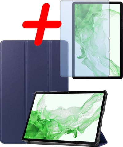 Hoesje Geschikt voor Samsung Galaxy Tab S9 - Met Screenprotector - Trifold Bookcase - Hard Cover Case - Met Uitsparing Geschikt voor S Pen - Hardcover Book - Tablet Hoes - Donkerblauw