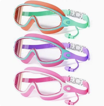 Kinderzwembril - Driedelige kinderzwembril met oordopjes - Anti-condens, UV-bescherming, unisex - Oranje + Paars + Roze