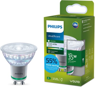 Philips UltraEfficient LED spot - 35W - GU10 fitting - Koelwit licht: 4000K - Verbruikt slechts 1.2 Watt - Bespaar op energiekosten
