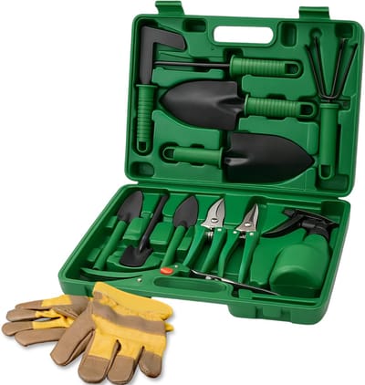 Lomera 10-Delige Tuingereedschap Set - Grasschaar - Tuinschepje Breed - Tuinschepje Smal - Tuinharkje - Snoeischaar - Voegenmes - Mini-Harkje - Mini-Schepje Breed - Mini-Schepje Smal - Plantenspuit - Opbergkoffer Inbegrepen